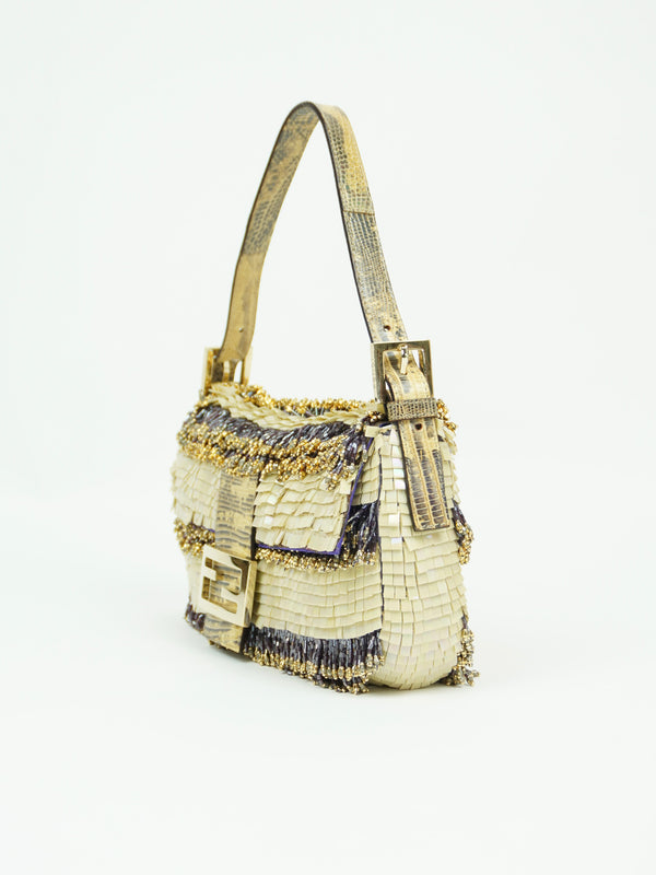 FENDI MOTHER OF PEARL BEADED BAGUETTE WITH LIZARD TRIM