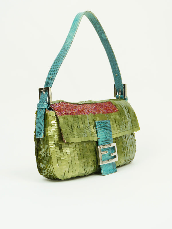 FENDI GREEN SEQUIN BAGUETTE WITH LIZARD TRIM