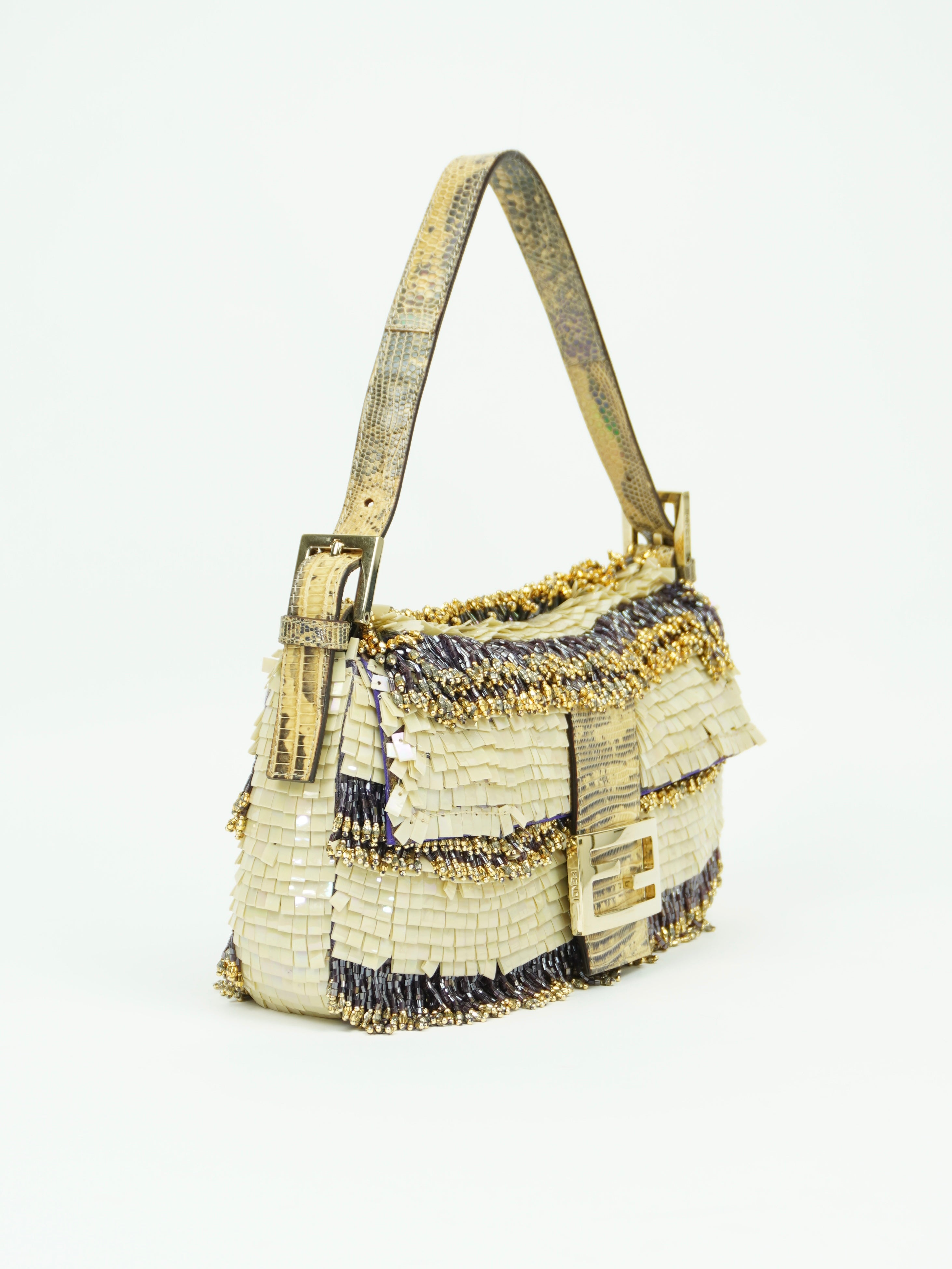 FENDI MOTHER OF PEARL BEADED BAGUETTE WITH LIZARD TRIM