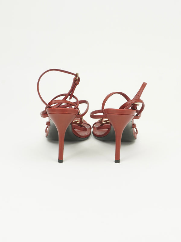 GUCCI RED LEATHER INTERLOCKING G STRAPPY HEELS