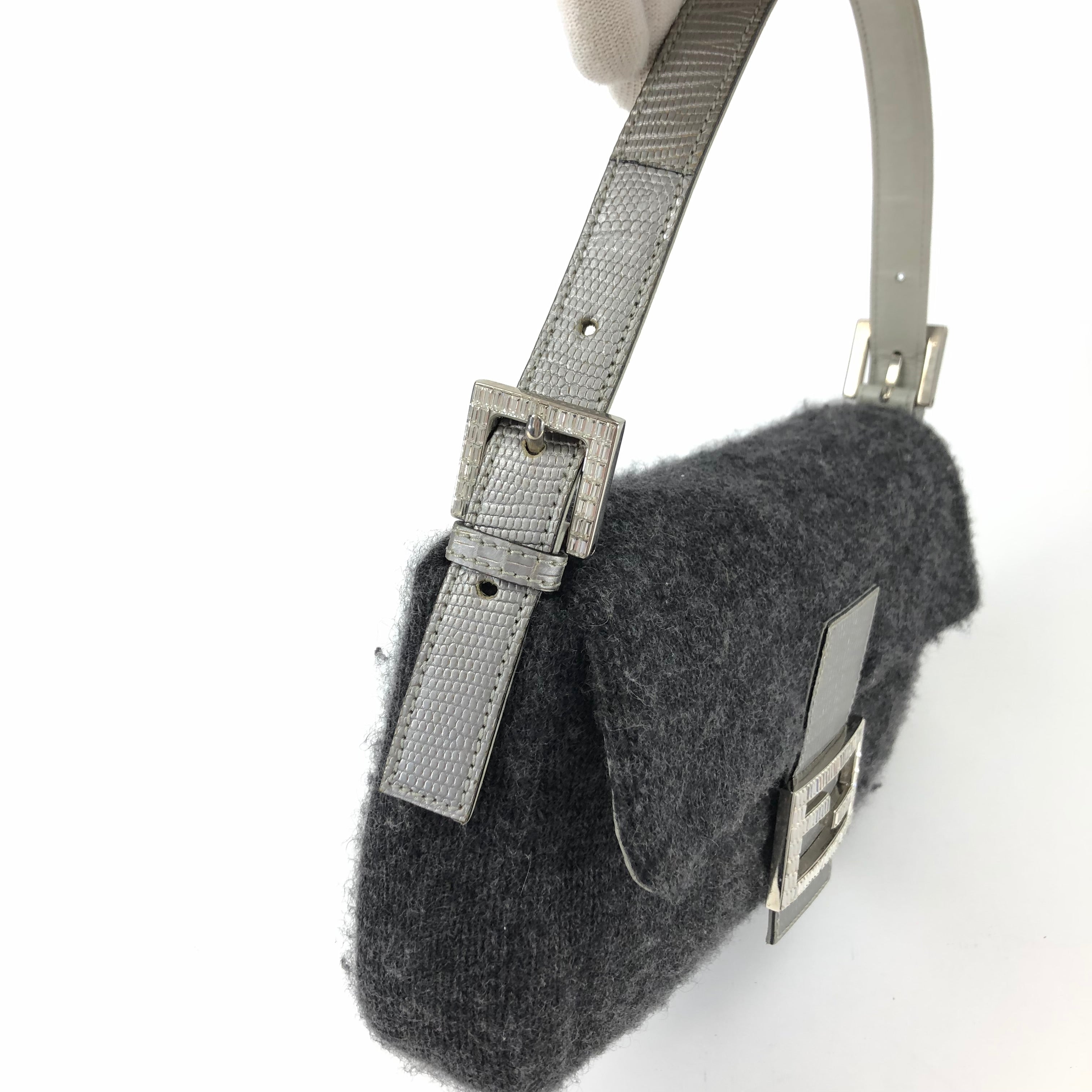 FENDI WOOL BAGUETTE BAG WITH DIAMANTÉ AND LIZARD DETAILING