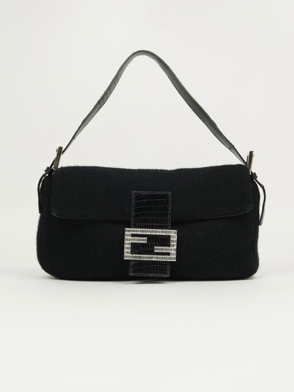 FENDI DIAMANTÉ CASHMERE BAGUETTE WITH LIZARD TRIM