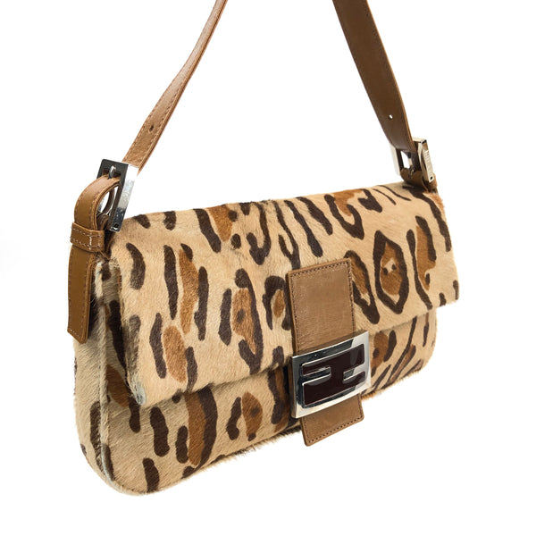 Fendi Leopard Calf Hair Baguette Shoulder Bag