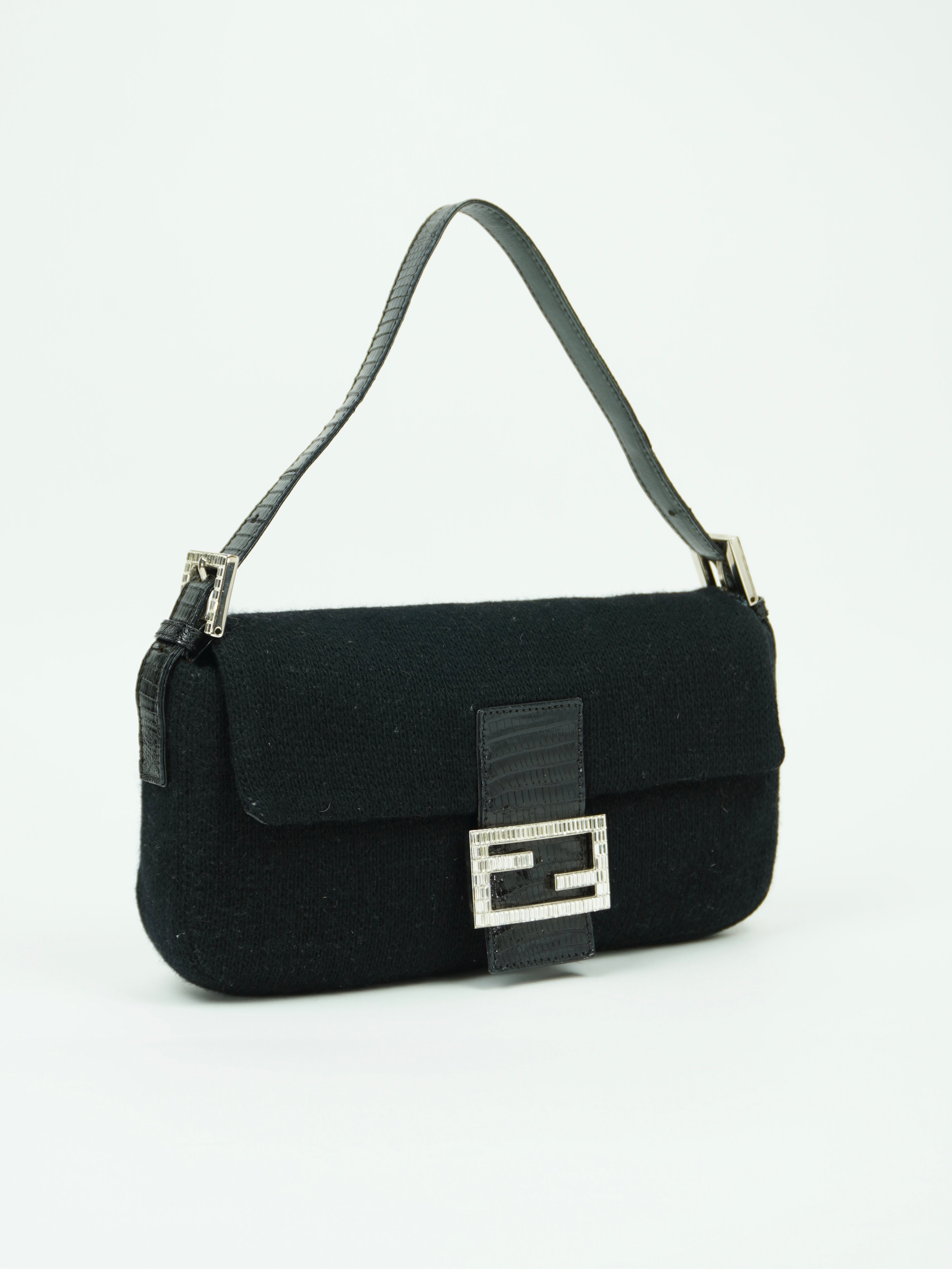 FENDI DIAMANTE CASHMERE BAGUETTE WITH LIZARD TRIM