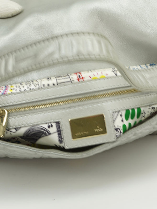 FENDI SILVER LEATHER LOGO BAGUETTE