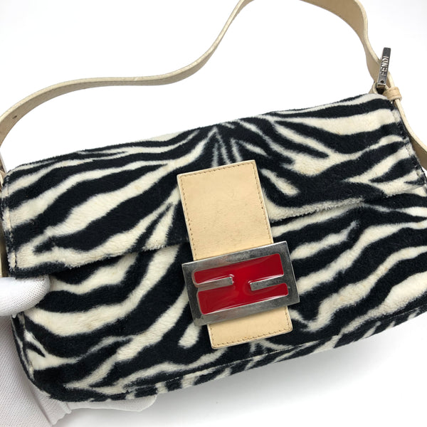 Fendi Fluffy Zebra Baguette Shoulder Bag