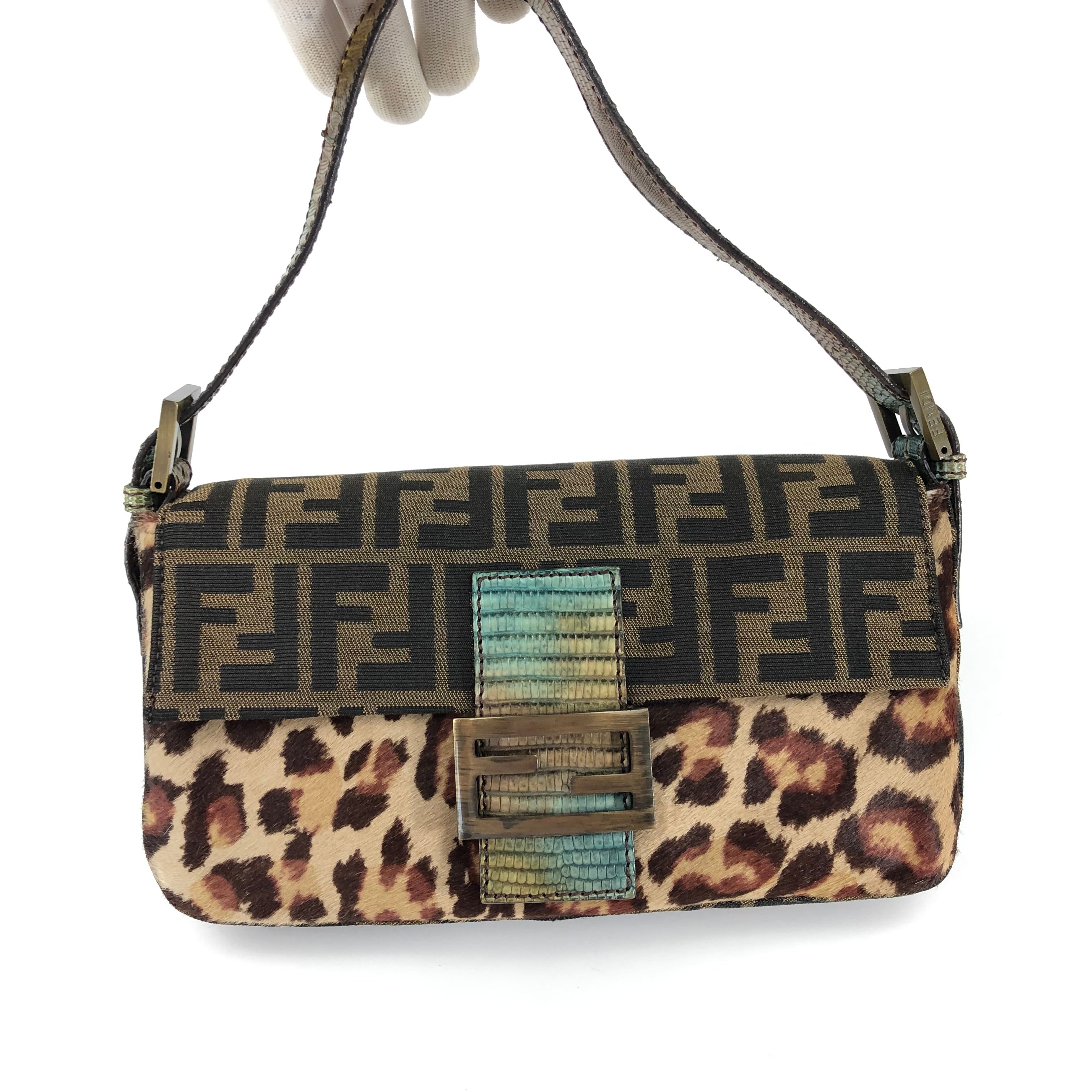 Fendi Leopard Calf Hair Zucca Baguette Bag with Exotic Lizard Detailing