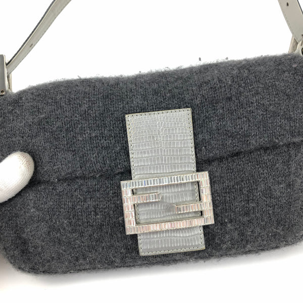 FENDI WOOL BAGUETTE BAG WITH DIAMANTÉ AND LIZARD DETAILING