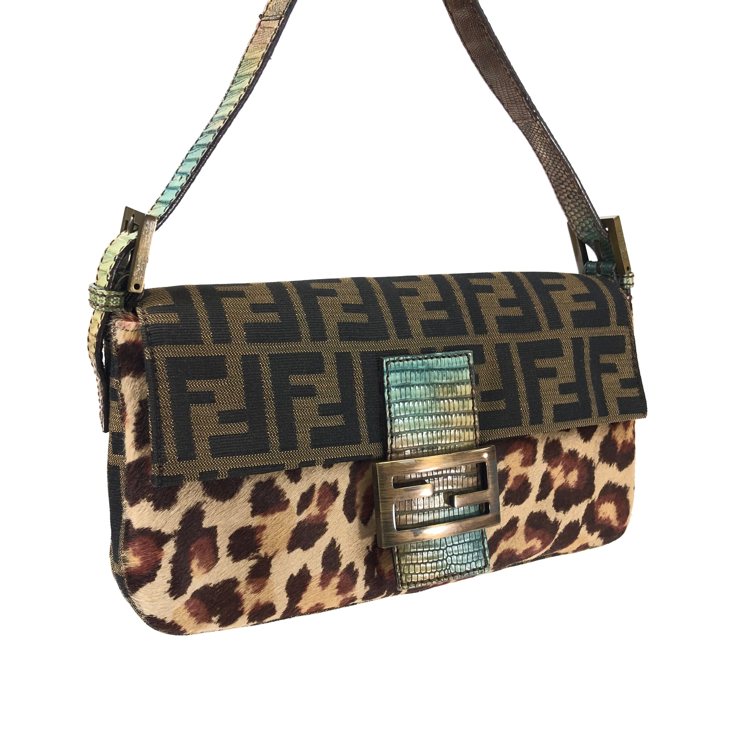 Fendi Leopard Calf Hair Zucca Baguette Bag with Exotic Lizard Detailing