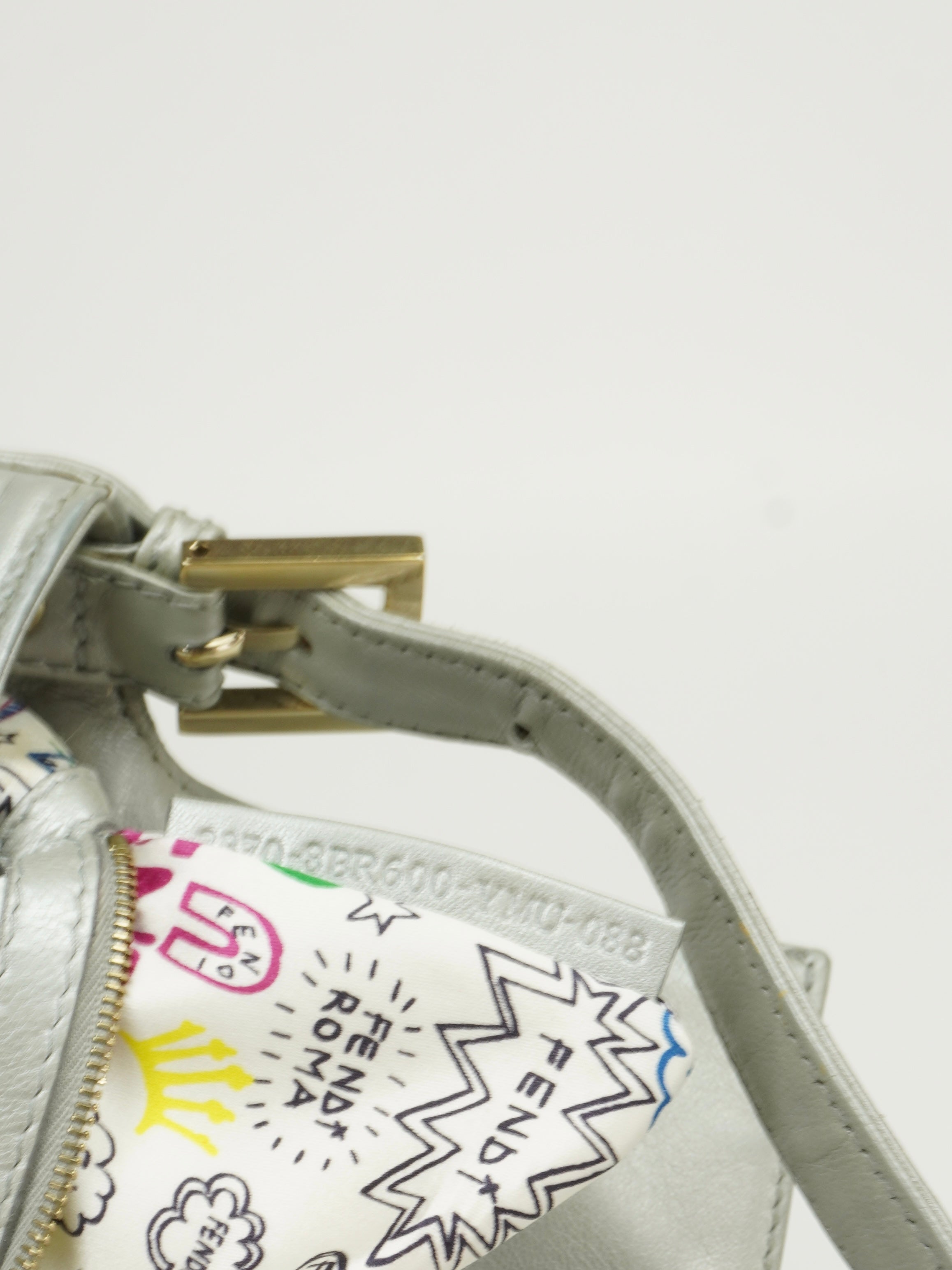 FENDI SILVER LEATHER LOGO BAGUETTE