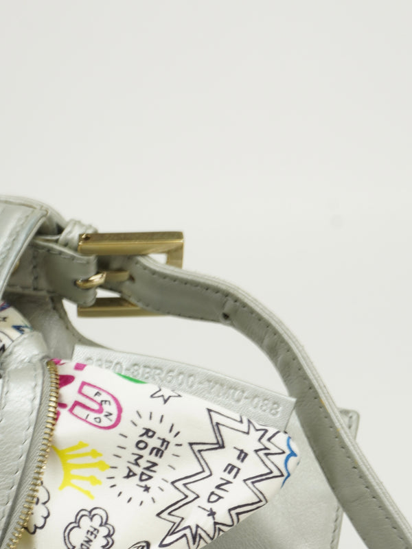 FENDI SILVER LEATHER LOGO BAGUETTE