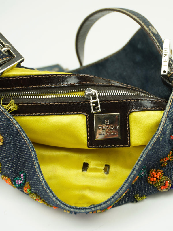 FENDI DENIM FLORAL BEADED BAGUETTE