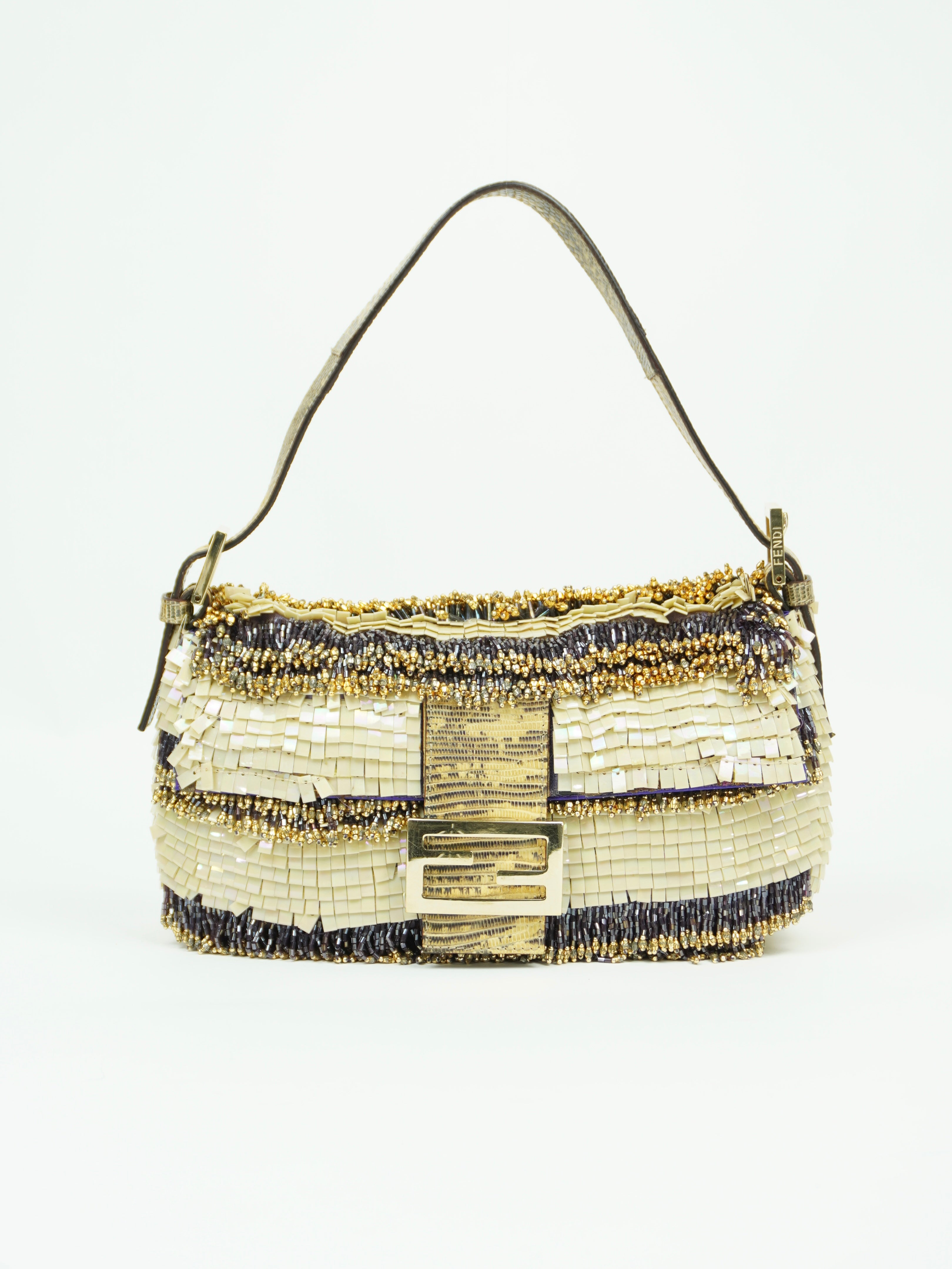 FENDI MOTHER OF PEARL BEADED BAGUETTE WITH LIZARD TRIM