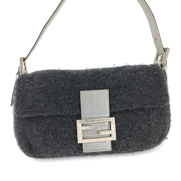 FENDI WOOL BAGUETTE BAG WITH DIAMANTÉ AND LIZARD DETAILING