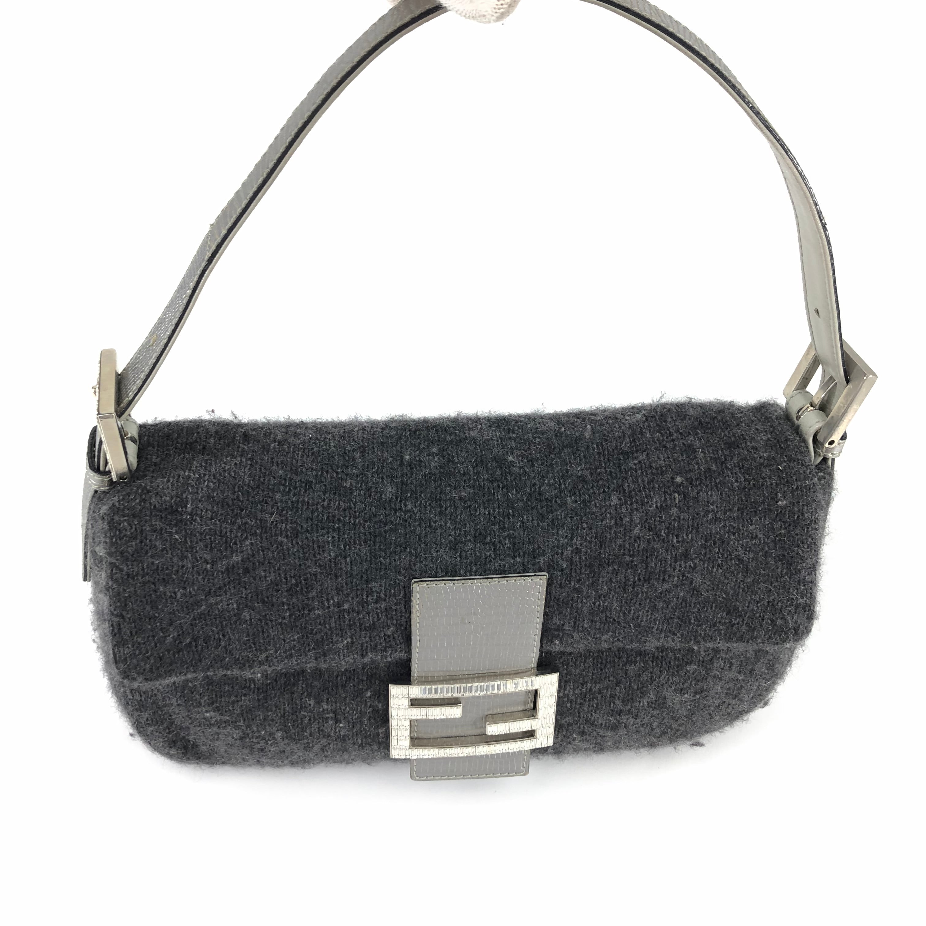 FENDI WOOL BAGUETTE BAG WITH DIAMANTÉ AND LIZARD DETAILING