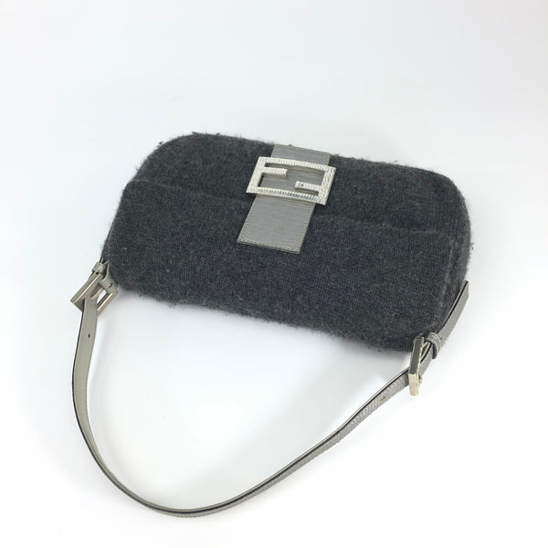 FENDI WOOL BAGUETTE BAG WITH DIAMANTÉ AND LIZARD DETAILING