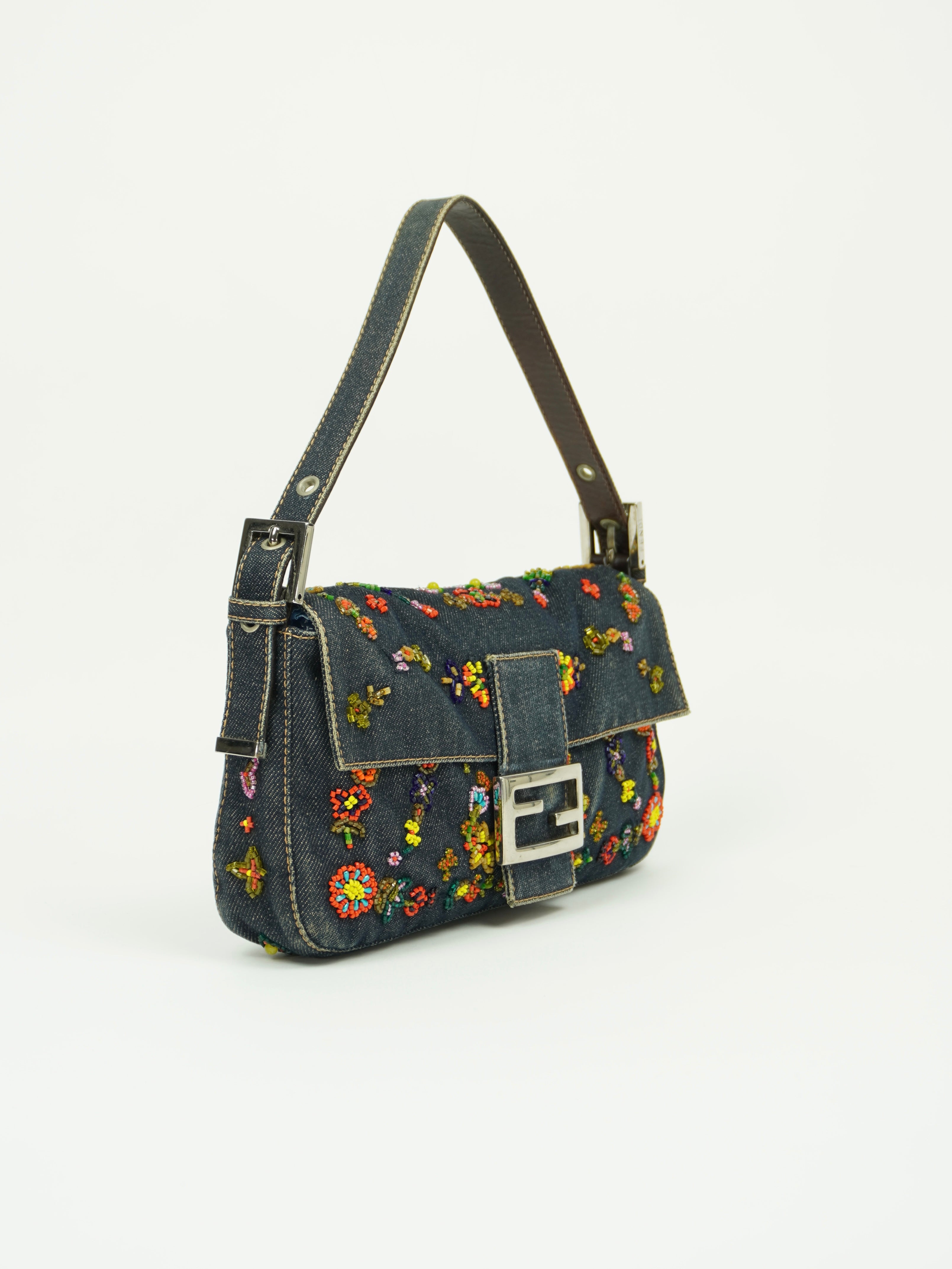 FENDI DENIM FLORAL BEADED BAGUETTE