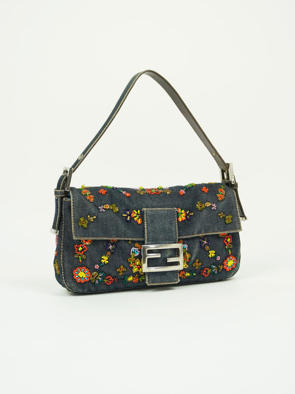 FENDI DENIM FLORAL BEADED BAGUETTE