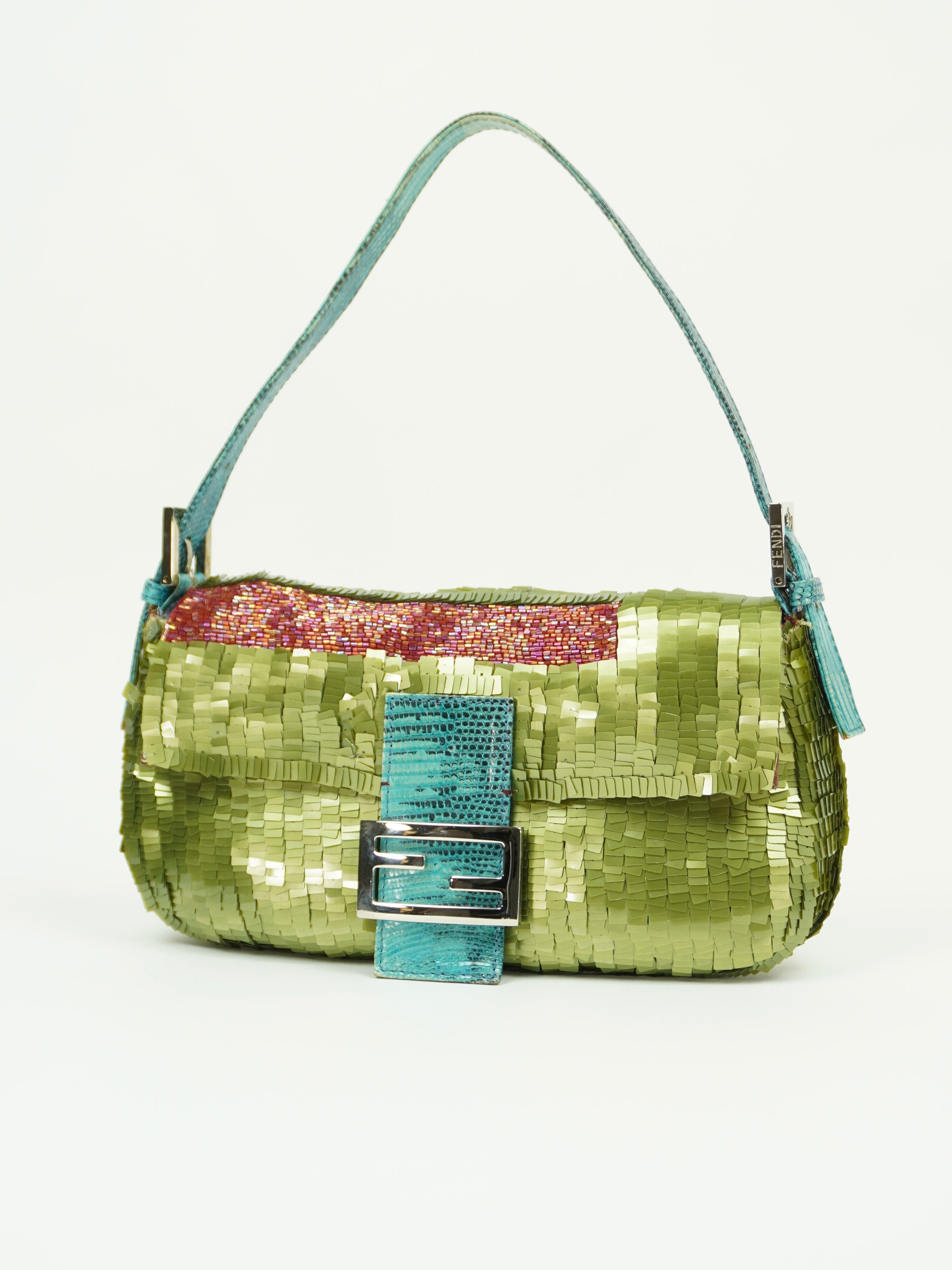 FENDI GREEN SEQUIN BAGUETTE WITH LIZARD TRIM