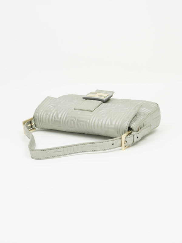 FENDI SILVER LEATHER LOGO BAGUETTE