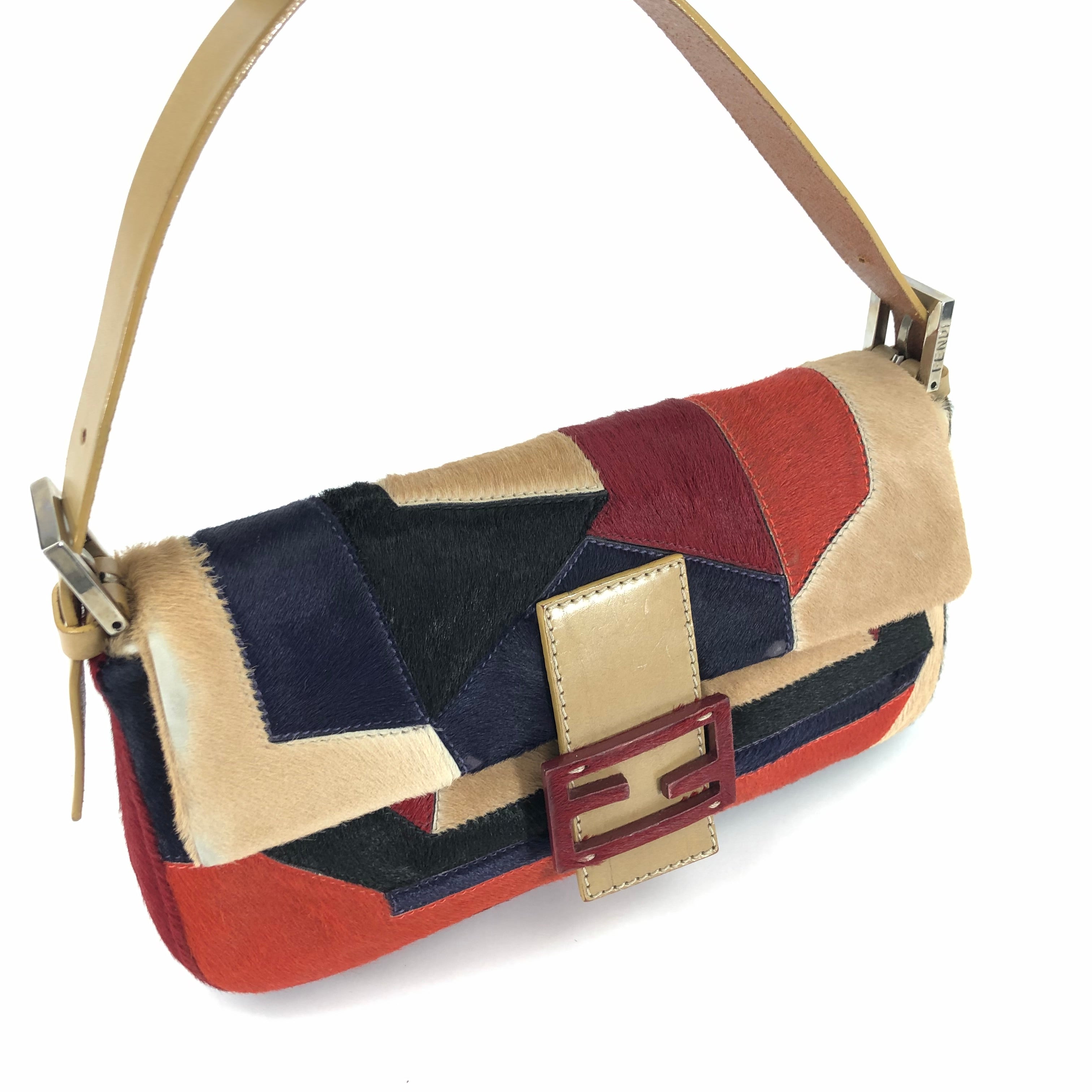 FENDI CALF HAIR PATCHWORK BAGUETTE BAG