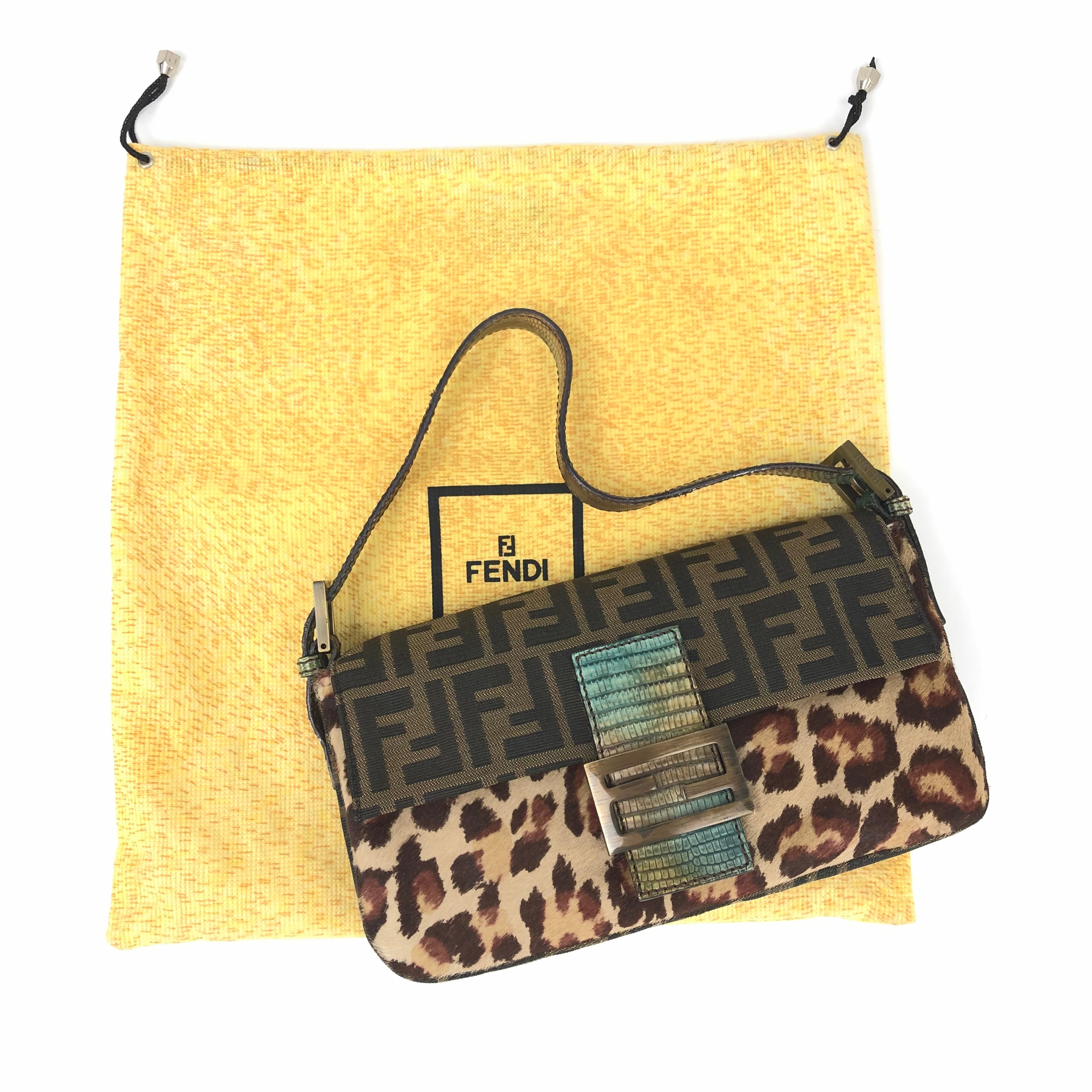 Fendi Leopard Calf Hair Zucca Baguette Bag with Exotic Lizard Detailing