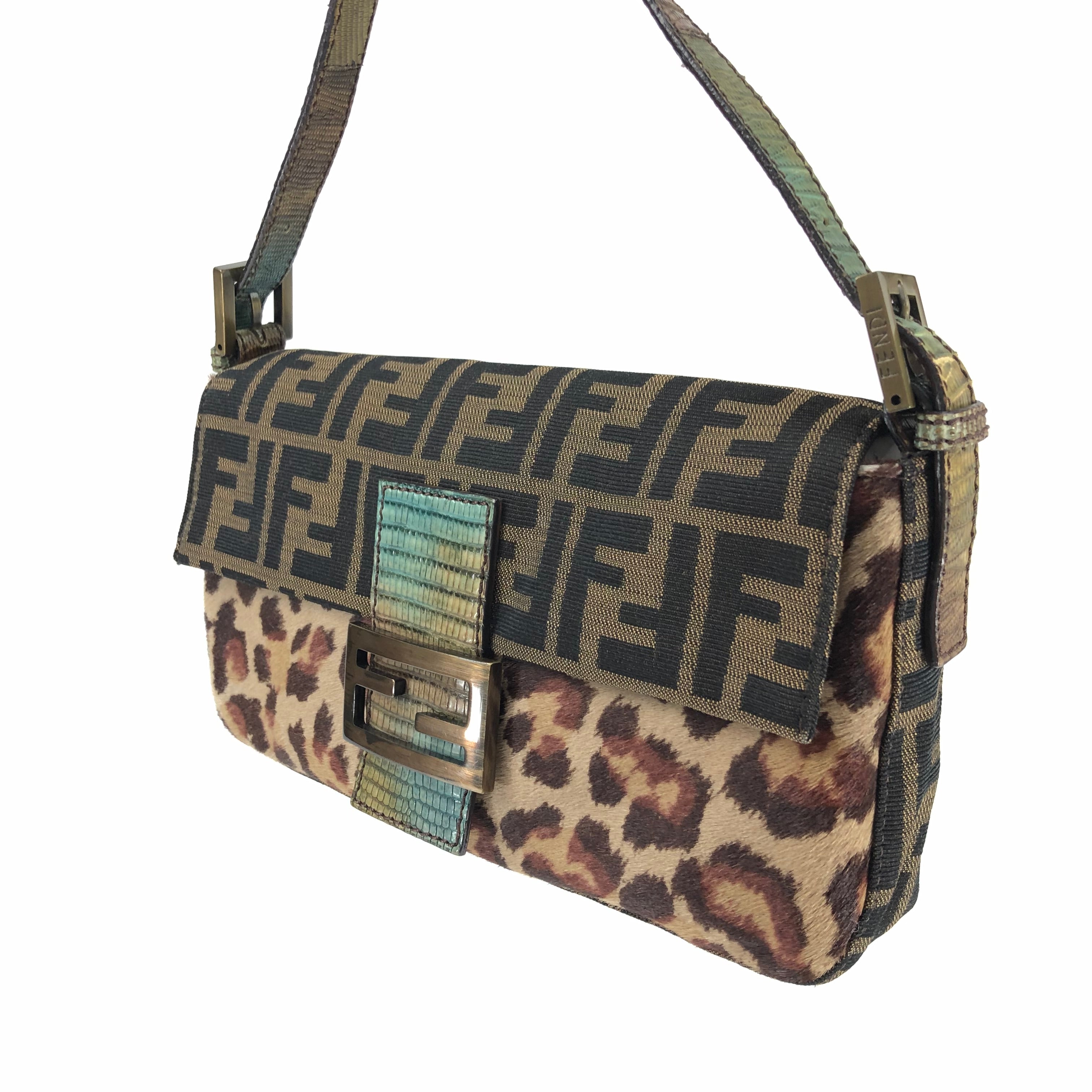 Fendi Leopard Calf Hair Zucca Baguette Bag with Exotic Lizard Detailing