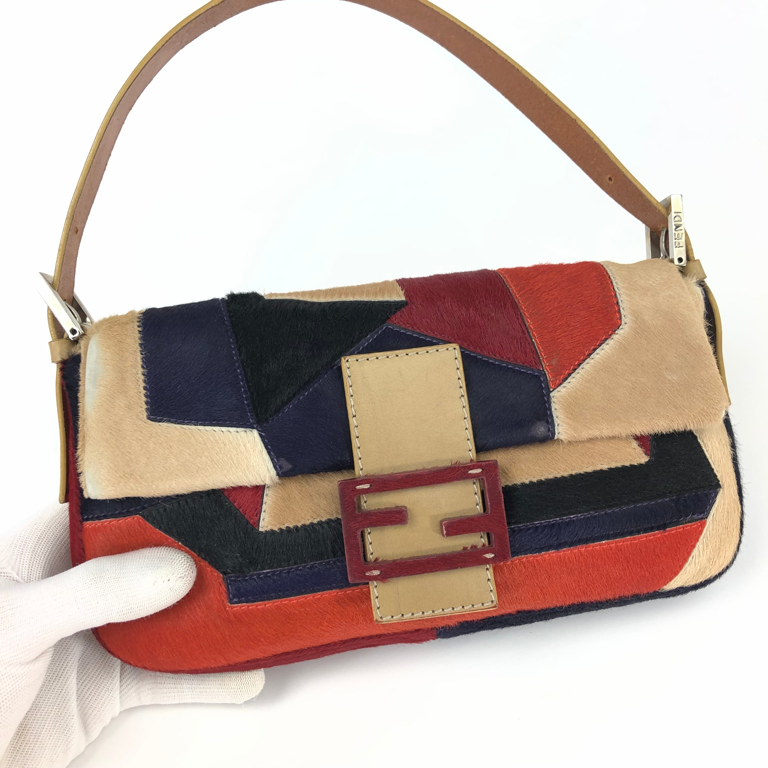 FENDI CALF HAIR PATCHWORK BAGUETTE BAG