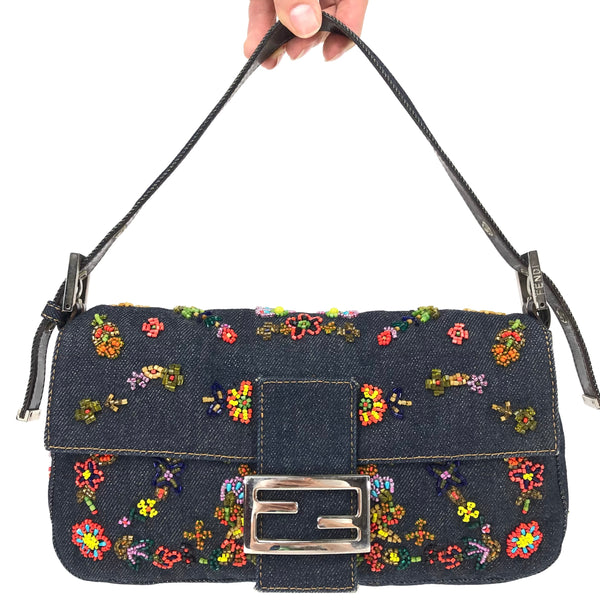 FENDI DENIM BEADED BAGUETTE SHOULDER BAG