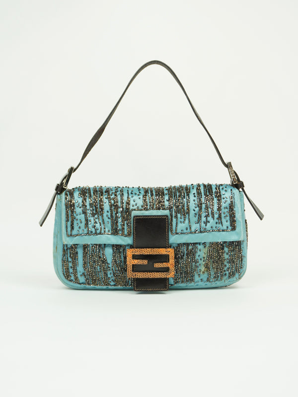 FENDI SILK BEADED BAGUETTE WITH LIZARD TRIM