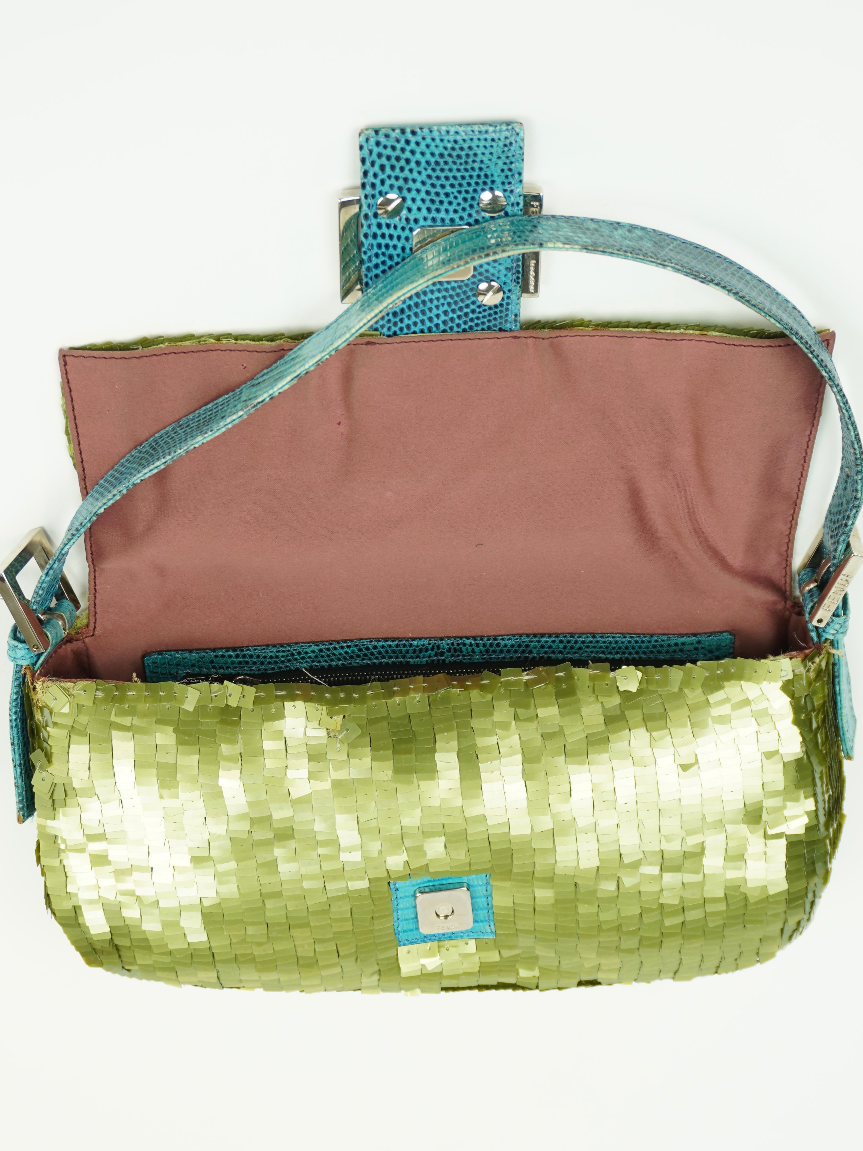 FENDI GREEN SEQUIN BAGUETTE WITH LIZARD TRIM