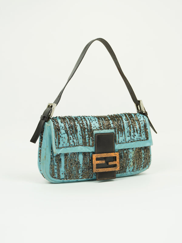 FENDI SILK BEADED BAGUETTE WITH LIZARD TRIM