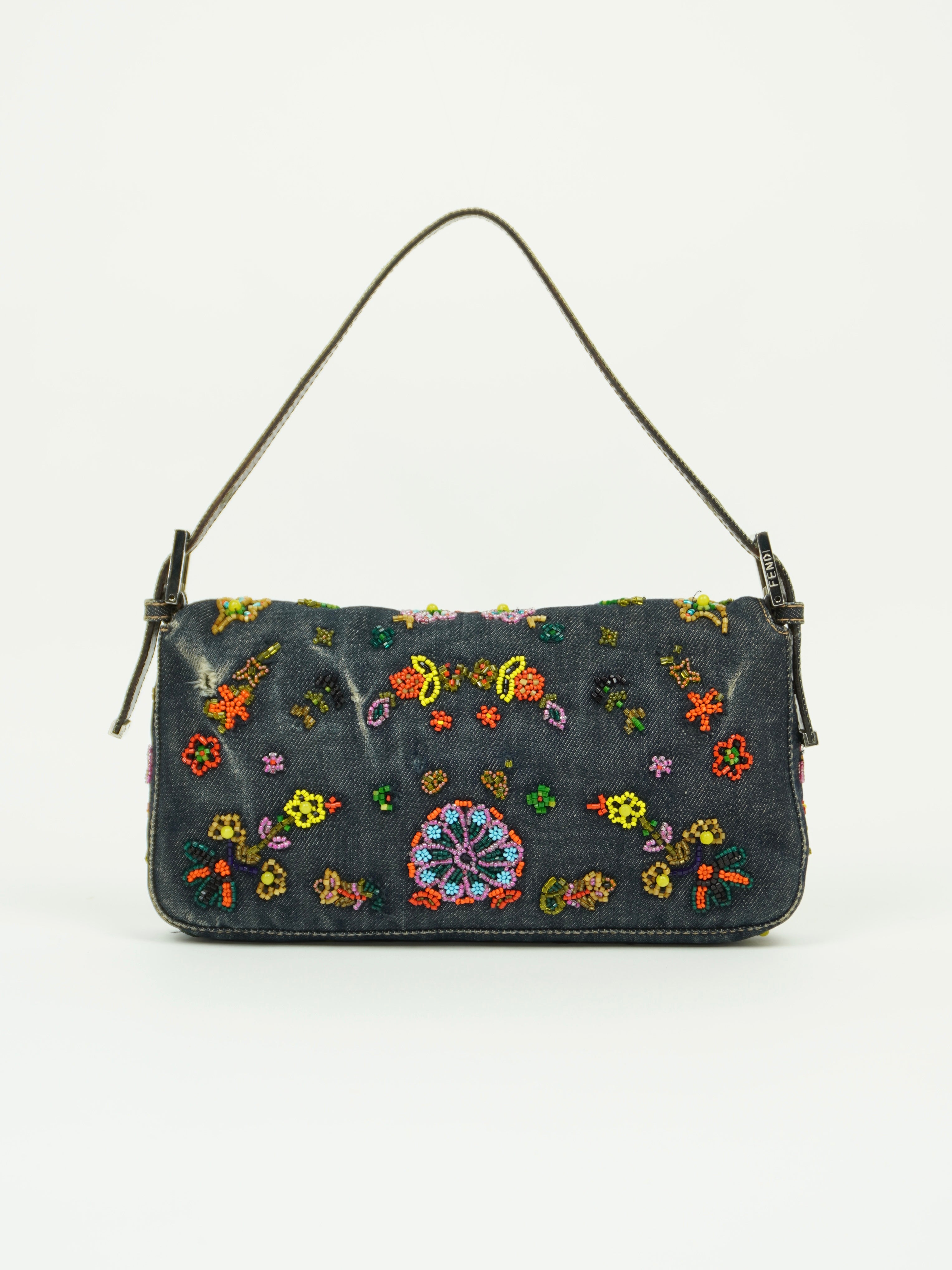 FENDI DENIM FLORAL BEADED BAGUETTE