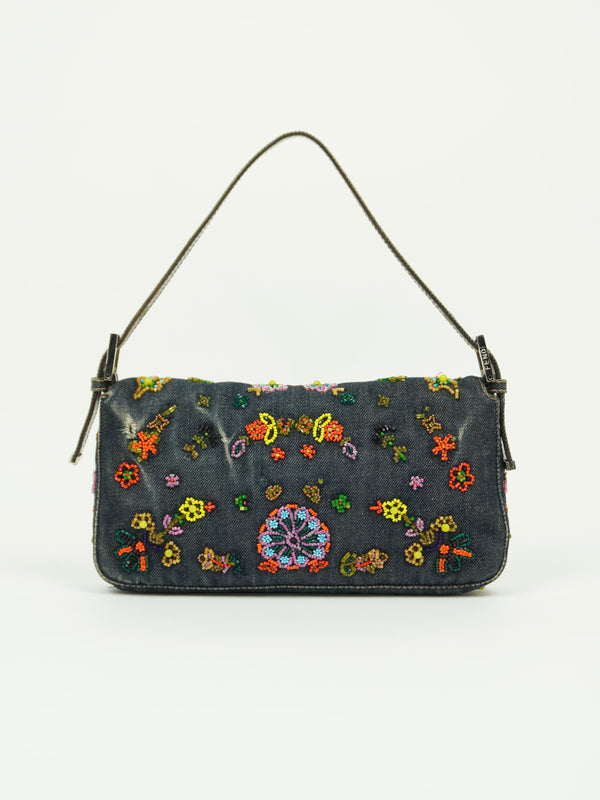 FENDI DENIM FLORAL BEADED BAGUETTE