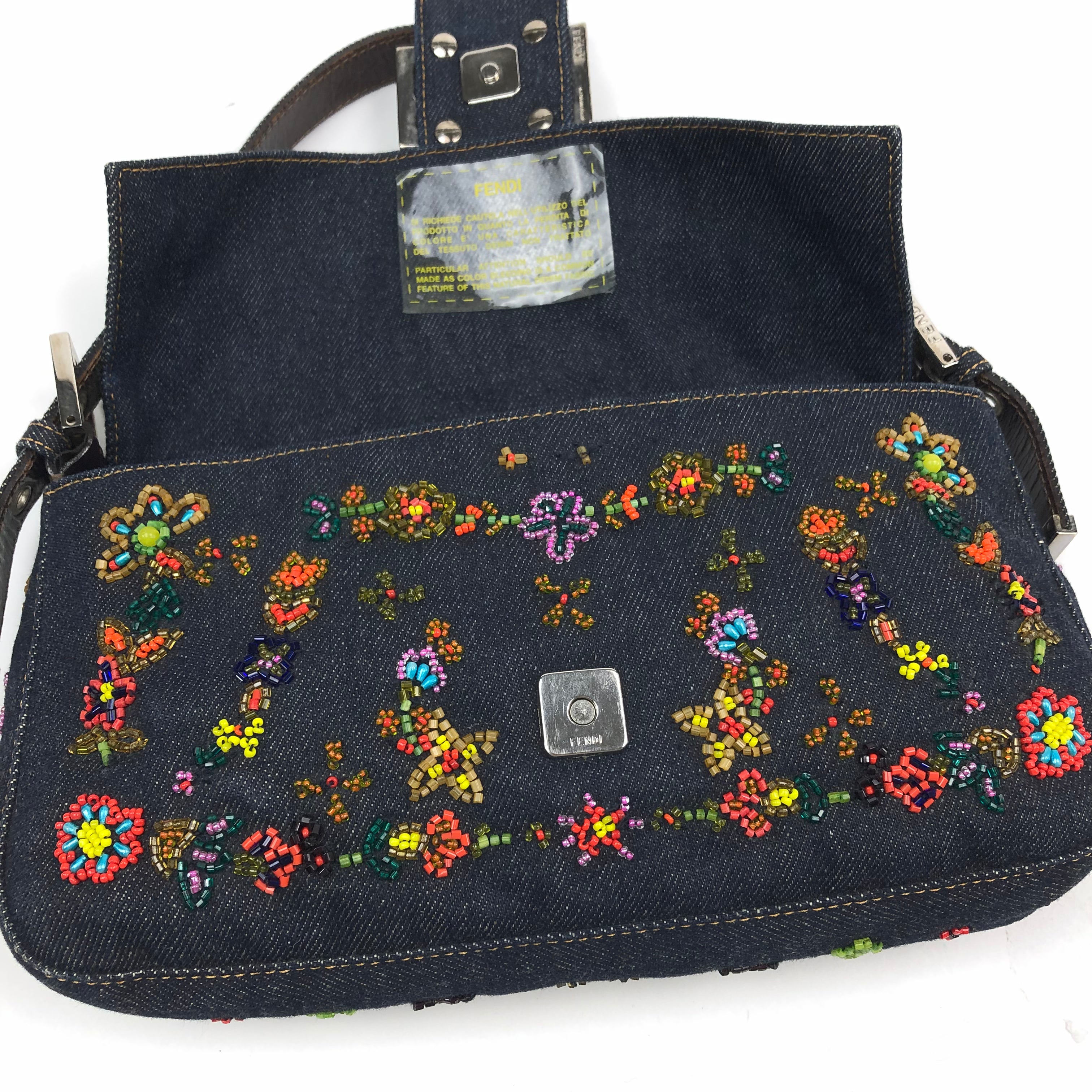 Fendi Denim Floral Beaded Baguette Bag
