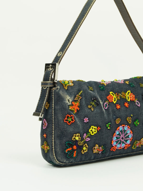 FENDI DENIM FLORAL BEADED BAGUETTE