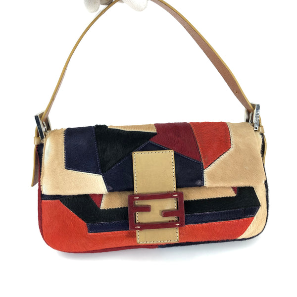 FENDI CALF HAIR PATCHWORK BAGUETTE BAG