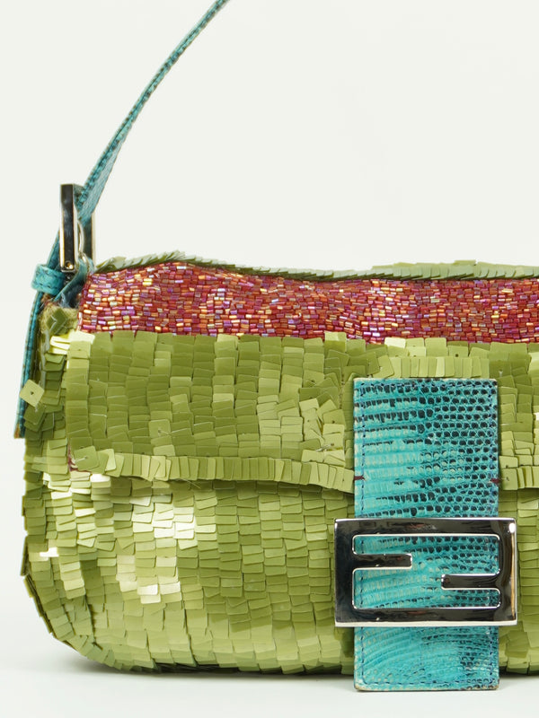 FENDI GREEN SEQUIN BAGUETTE WITH LIZARD TRIM