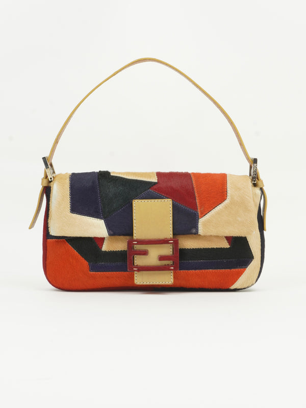FENDI CALF HAIR PATCHWORK BAGUETTE BAG
