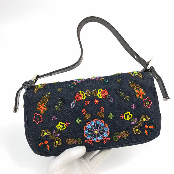 Fendi Denim Floral Beaded Baguette Bag