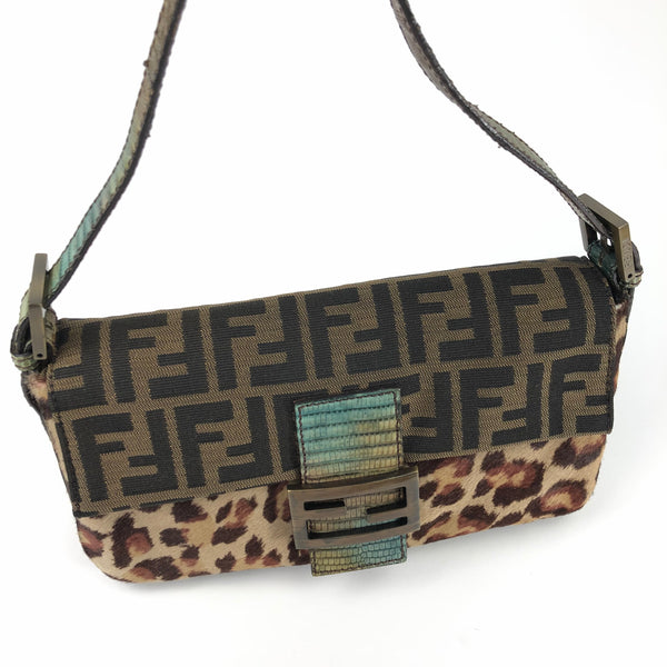 Fendi Leopard Calf Hair Zucca Baguette Bag with Exotic Lizard Detailing