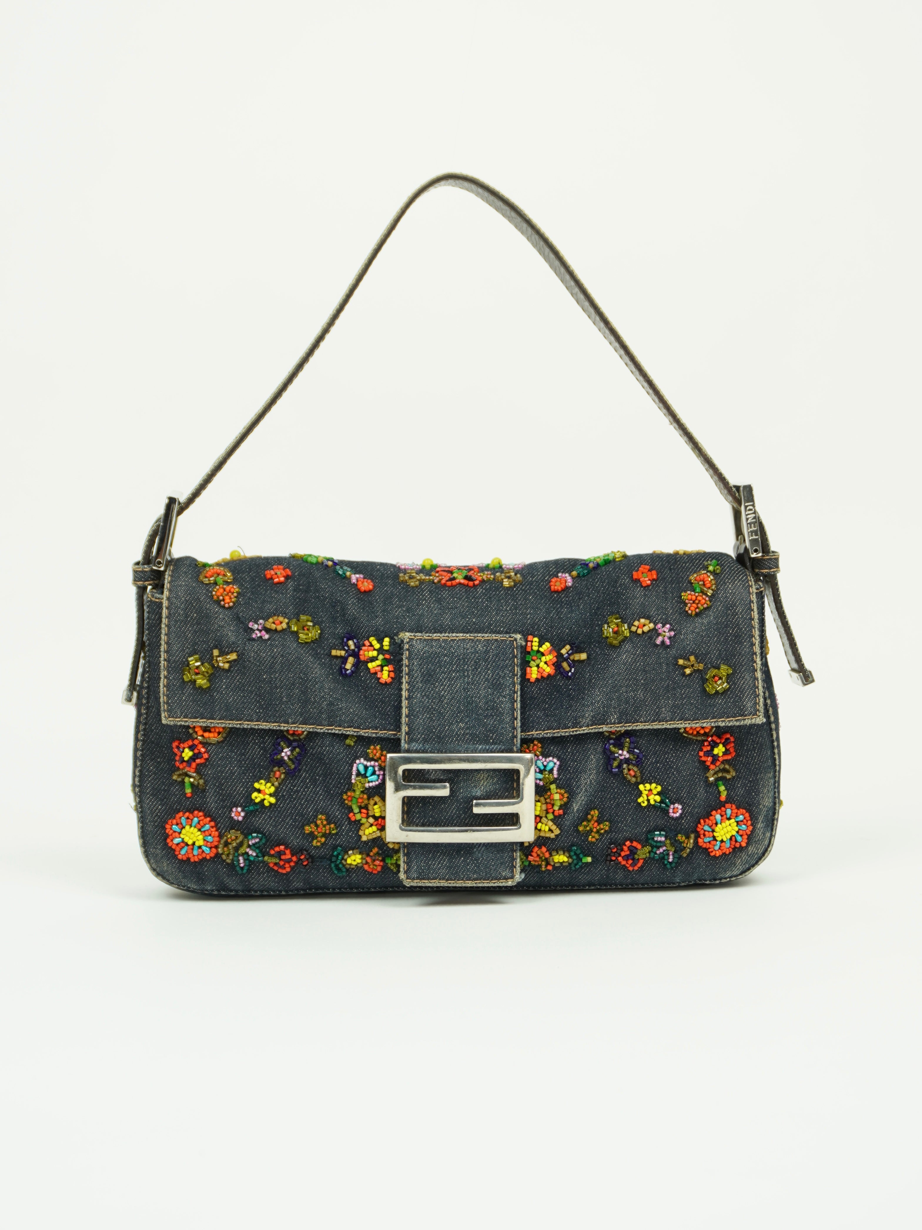 FENDI DENIM FLORAL BEADED BAGUETTE