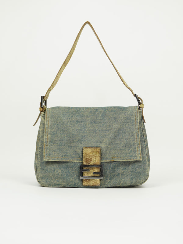 FENDI MAMA DENIM BAGUETTE WITH LIZARD TRIM