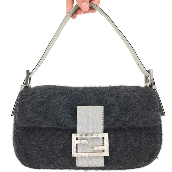 FENDI WOOL BAGUETTE BAG WITH DIAMANTÉ AND LIZARD DETAILING