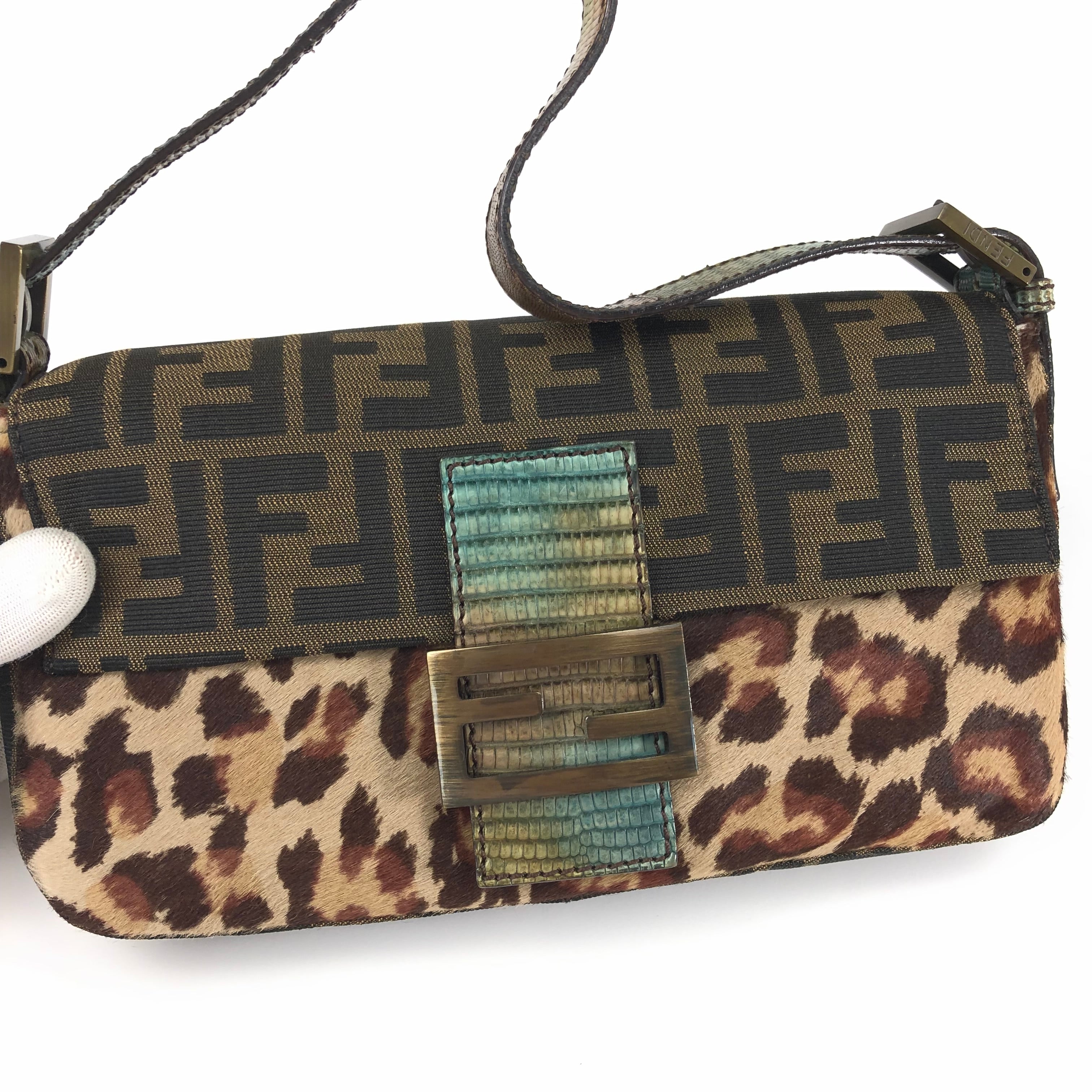 Fendi Leopard Calf Hair Zucca Baguette Bag with Exotic Lizard Detailing