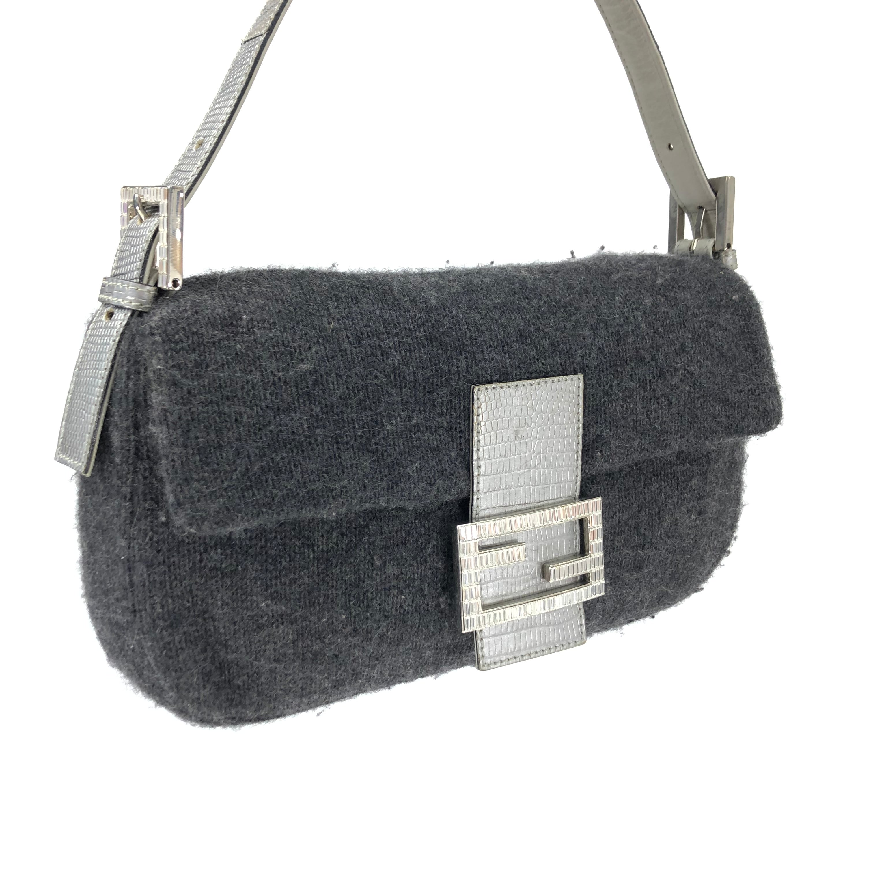 FENDI WOOL BAGUETTE BAG WITH DIAMANTÉ AND LIZARD DETAILING