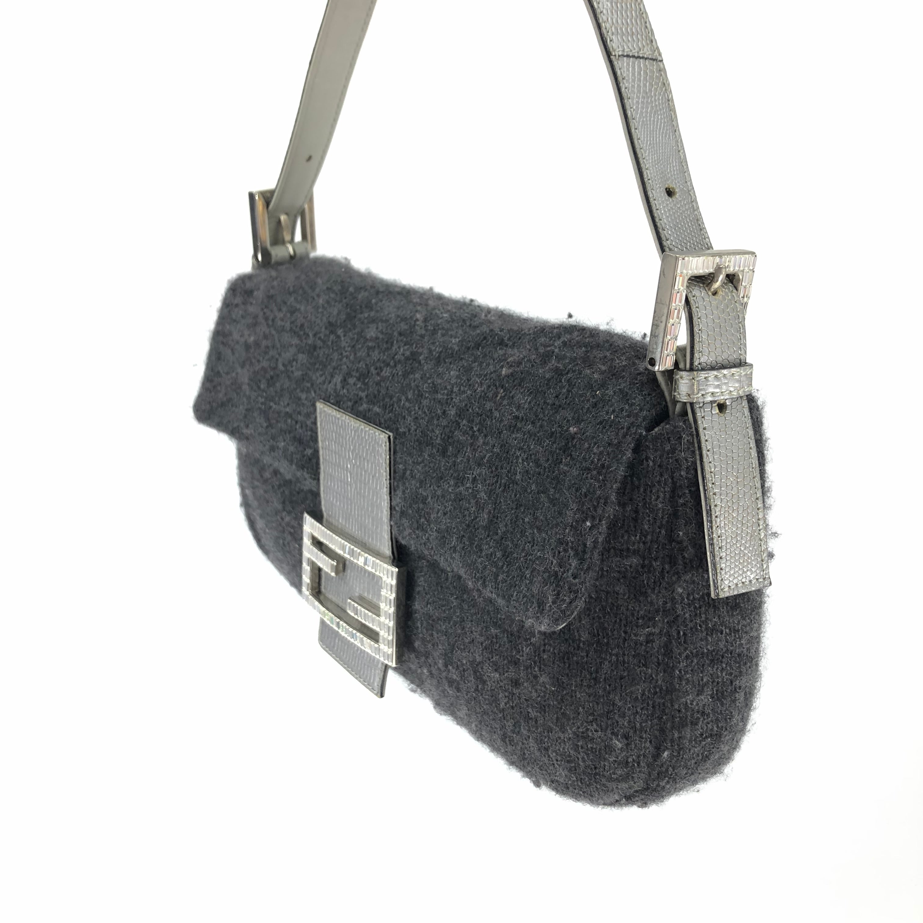 FENDI WOOL BAGUETTE BAG WITH DIAMANTÉ AND LIZARD DETAILING