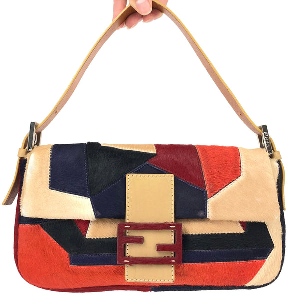 FENDI CALF HAIR PATCHWORK BAGUETTE BAG