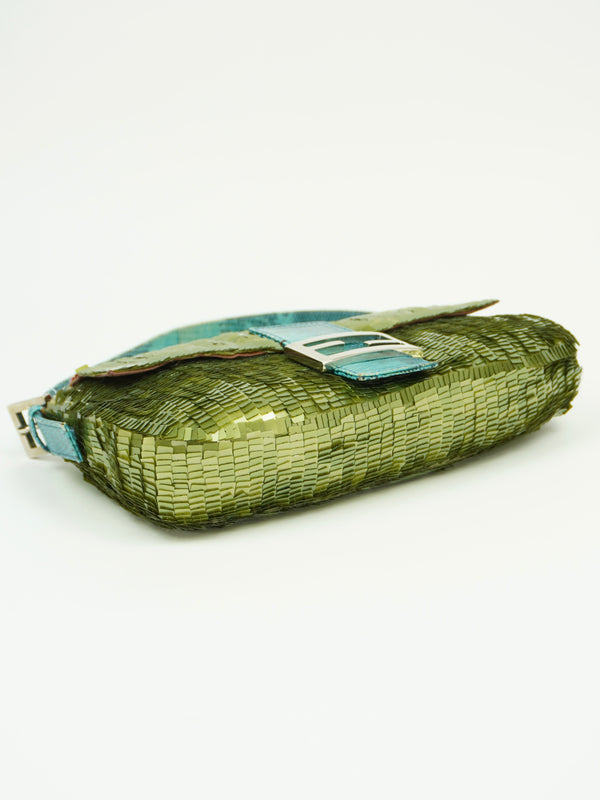 FENDI GREEN SEQUIN BAGUETTE WITH LIZARD TRIM