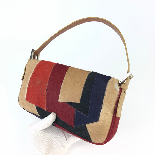 FENDI CALF HAIR PATCHWORK BAGUETTE BAG